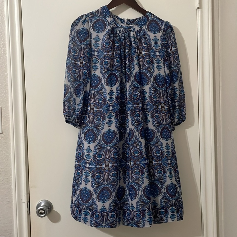 Eva Mendes New York & Co Dress Purple Blue Boho Long Sleeve floral tunic Size XS